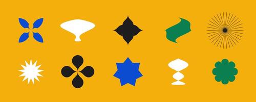 Abstract stars, flowers, waves shapes collection. Primitive geometric forms in Swiss or bauhaus style. Brutalist elements set for posters, banners, collages. . vector