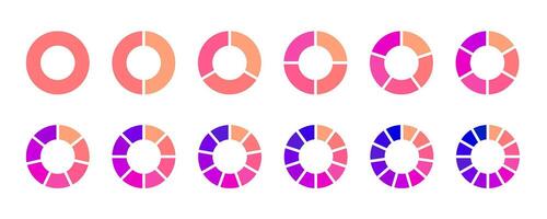 Donut chart segments collection. Wheel diagrams set in pink purple orange colors. Sections and slices pack. From 1 to 12 segments of infographic charts. Different phases and stages of cycle. vector