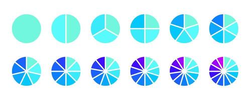 Circle segments collection. Pie diagrams set in blue purple colors. Round sections and slices pack. From 1 to 12 segments of infographic charts. Different phases and stages of cycle. vector