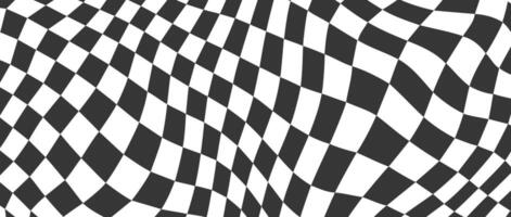 Trippy checkerboard background. Black and white retro psychedelic checkered wallpaper. Wavy groovy chessboard surface. Distorted and twisted geometric pattern. Abstract vector