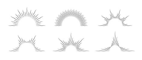 Half curved sunburst frame set. Vintage sunrise and sunset collection. Warped half circle sunlight rays pack. Retro sunbeams design element for logo, labels, badges, banners. vector