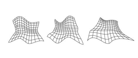 Distorted perspective grid set. Glitch rectangle plane pack. Wavy futuristic elements bundle. Ripple wireframes. abstract background. vector