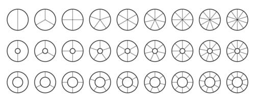 Donut and pie chart segments collection. Wheel and circle diagrams set. Outline sections and slices pack. From 2 to 10 segments of infographic charts. Different phases and stages of cycle. vector