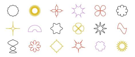 Abstract outline stars, flowers, waves shapes set. Primitive line geometric forms collection in Swiss, bauhaus or Memphis style. Elements bundle for poster, banner, collage. Sign pack vector