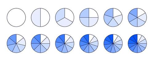 Circle segments collection. Shades of blue color pie diagrams set. Round sections and slices pack. From 1 to 12 segments of infographic charts. Different phases and stages of cycle. vector