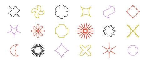 Abstract outline stars, flowers, waves, crosses shapes set. Primitive line geometric forms collection in Swiss, bauhaus or Memphis style. Elements bundle for poster, banner, collage. Sign pack vector