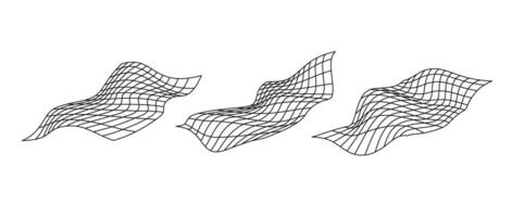 Distorted perspective grid pack. Glitch rectangle plane set. Wavy futuristic elements bundle. Ripple wireframes. background collection. vector
