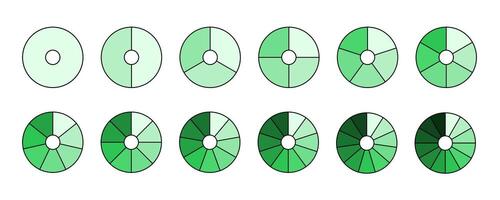 Donut chart segments collection. Wheel diagrams set in green shades color. Outline sections and slices pack. From 1 to 12 segments of infographic charts. Different phases and stages of cycle. vector
