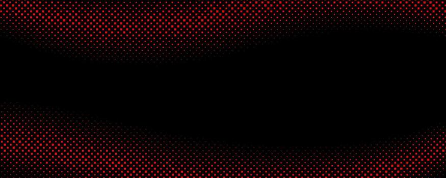 Red halftone wave gradient texture. Retro dotted wallpaper. Comic pop art style checkered frame texture. Wave pattern on black background for banner, flyer, poster, presentation. vector