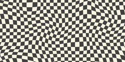 Trippy checkerboard background. Retro psychedelic checkered wallpaper. Wavy groovy chessboard surface. Distorted geometric pattern. Abstract monochrome backdrop vector