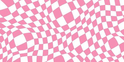 Retro distorted checkerboard background. Pink trippy psychedelic checkered wallpaper. Wavy groovy chessboard surface. Abstract twisted geometric pattern. vector