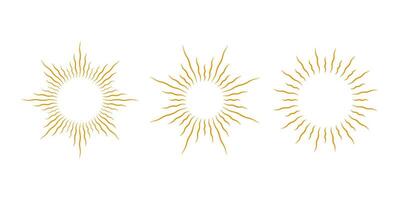 Gold sunburst frames set. Retro sun light rays element collection. Vintage golden radial rays, sunbeams, firework or explosion for emblem, logo, tag, stamp, banner, sticker. elements vector
