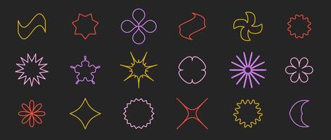 Outline stars, flowers, crosses, waves shapes set. Primitive linear abstract forms collection in Swiss, bauhaus, Memphis style on dark background. Element for poster, banner, collage. bundle vector
