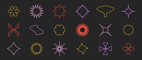 Outline stars, flowers, crosses, curves shapes set. Primitive linear abstract forms collection in Swiss, bauhaus, Memphis style on dark background. Element for poster, banner, collage. bundle vector