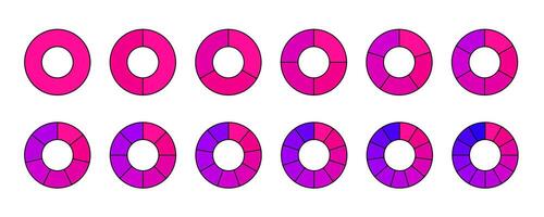 Donut chart segments collection. Wheel diagrams set in pink purple colors. Outline sections and slices pack. From 1 to 12 segments of infographic charts. Different phases and stages of cycle. vector