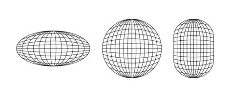 Wireframe shapes. Sphere, ellipse. Globe grid frame elements set. Geometric round net. Outline graphic design collection. vector