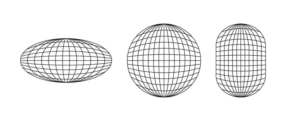 Wireframe shapes. Sphere, ellipse. Globe grid frame elements set. Geometric round net. Outline graphic design collection.