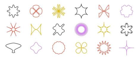 Abstract outline stars, flowers, crosses shapes set. Primitive line geometric forms collection in Swiss, bauhaus or Memphis style. Elements bundle for poster, banner, collage. Sign pack vector