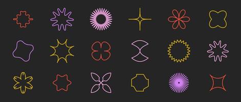 Outline stars, flowers, crosses shapes set. Primitive linear abstract forms collection in Swiss, bauhaus, Memphis style on dark background. Element for poster, banner, collage. signs vector