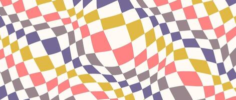 Colorful distorted checkerboard background. Purple grey yellow pink psychedelic checkered wallpaper. Wavy groovy chessboard surface. Trippy twisted geometric pattern. Abstract retro backdrop vector