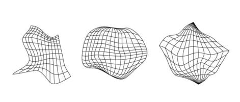 Distorted wireframe elements collection. Geometric surface grid set. Distorted rhomb and sphere shapes and wavy perspective plane. Geometric bundle for posters, flyers, collages, templates. vector