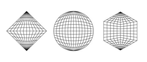 Wireframe shapes. Sphere, prism, octahedron net. Geometric grid frame elements set. Outline graphic design collection vector
