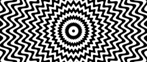 Radial optical illusion background. Black and white abstract wave lines surface. Poster design. Concentric torsion spiral illusion wallpaper. vector
