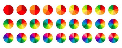 Multicolored circle sections collection. Pie charts diagrams in spectrum colors. Infographic round elements set. Pack of 2 to 28 slices and sectors. Process phases and stages of cycle. vector