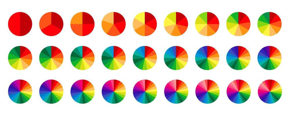 Multicolored circle sections collection. Pie charts diagrams in spectrum colors. Infographic round elements set. Pack of 2 to 28 slices and sectors. Process phases and stages of cycle.