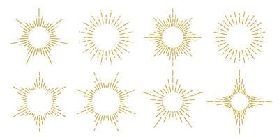 Gold sunburst frames set. Retro sun light rays collection. Vintage golden radial rays, sunbeams, firework or explosion for emblem, logo, tag, stamp, banner, sticker. elements bundle vector