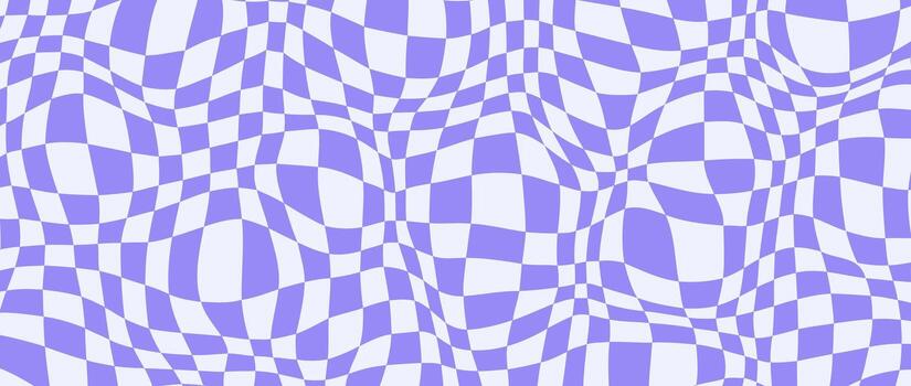 Trippy distorted checkerboard background. Purple psychedelic checkered wallpaper. Wavy groovy chessboard surface. Twisted geometric pattern. Abstract retro backdrop vector
