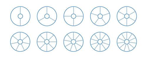 Donut chart segments collection. Wheel diagrams set. Outline ring sections and slices pack. From 2 to 11 sectors of infographic charts. Different phases and stages of cycle. vector