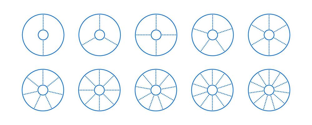 Donut chart segments collection. Wheel diagrams set. Outline ring sections and slices pack. From 2 to 11 sectors of infographic charts. Different phases and stages of cycle.