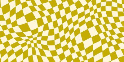 Distorted checkerboard background. Green retro psychedelic checkered wallpaper. Wavy groovy chessboard surface. Trippy twisted geometric pattern. Abstract vector