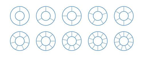 Donut chart segments set. Wheel diagrams pack. Blue outline ring sections and slices collection. From 2 to 11 sectors of infographic charts. Different phases and stages of cycle. vector