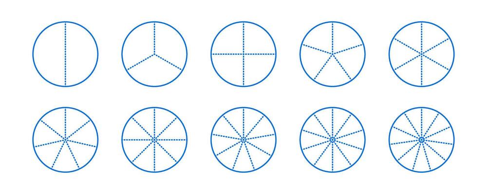 Circle segments collection. Pie diagrams set. Round sections and slices pack. Dotted segments from 2 to 11 of infographic charts. Different phases and stages of cycle.
