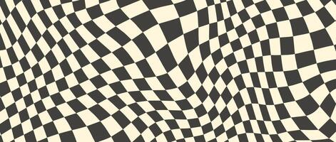 Trippy checkerboard background. Retro psychedelic checkered wallpaper. Wavy groovy chessboard surface. Distorted geometric pattern. Abstract backdrop vector