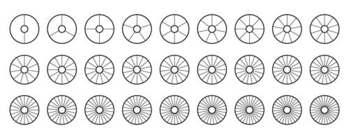 Donut chart segments collection. Wheel diagrams set. Outline sections and slices pack. From 2 to 28 segments of infographic charts. Different phases and stages of cycle. vector