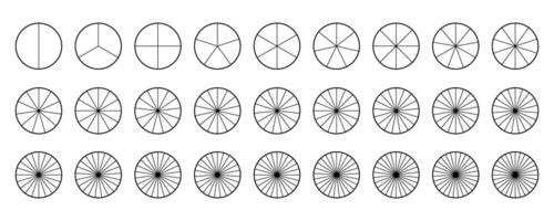 Circle segments collection. Pie diagrams set. Round sections and slices pack. From 2 to 28 segments of infographic charts. Different phases and stages of cycle. vector