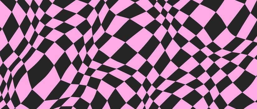 Black and pink distorted checkerboard background. Retro emo psychedelic checkered wallpaper. Wavy chessboard surface. Trippy twisted geometric pattern. Abstract vector