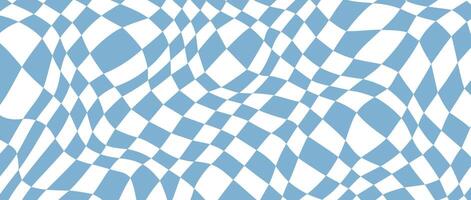 Retro distorted checkerboard background. Blue trippy psychedelic checkered wallpaper. Wavy pool surface. Abstract twisted groovy geometric pattern. vector