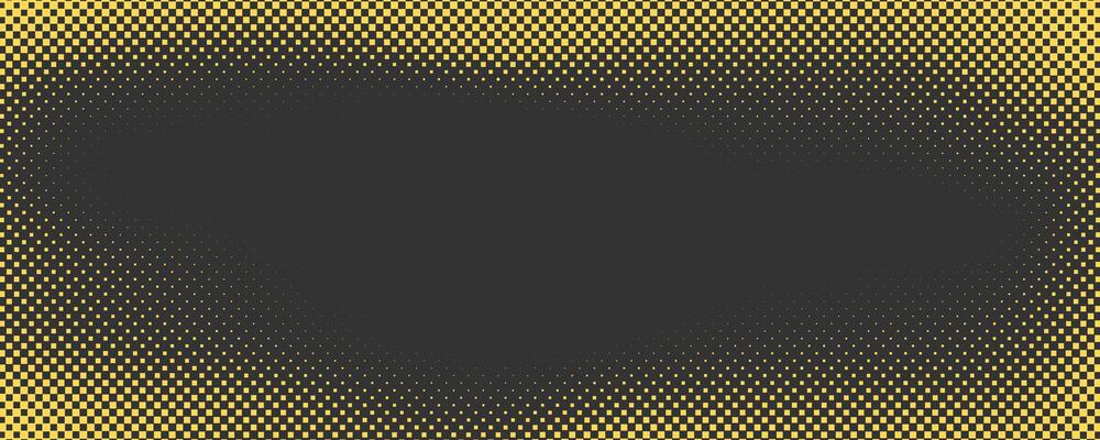 Yellow square halftone on dark background. Retro comic gradient background. Square pixilated dot cartoon texture. Pop art faded gradient pattern.