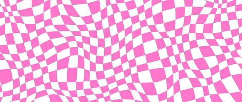 Trippy distorted checkerboard background. Pink and white retro psychedelic checkered wallpaper. Wavy groovy chessboard surface. Twisted geometric pattern. Abstract backdrop vector