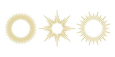 Golden sunburst frames set. Retro gold sun light rays element collection. Vintage radial rays, sunbeams, firework or explosion for emblem, logo, tag, stamp, banner, sticker. elements vector