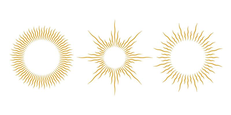 Golden sunburst frames set. Retro gold sun light rays element collection. Vintage radial rays, sunbeams, firework or explosion for emblem, logo, tag, stamp, banner, sticker. elements