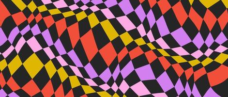Colorful distorted checkerboard background. Purple red yellow pink psychedelic checkered wallpaper. Wavy groovy chessboard surface. Trippy twisted geometric pattern. Abstract retro backdrop vector