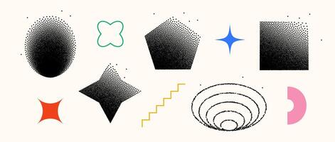Set of dissolving shapes. Fading square, pentagon, star, rectangle, ellipse primitives collection. Figures with halftone dust gradient. geometric elements made of particles, speckles, specks. vector