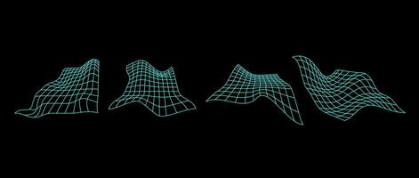 Neon distorted perspective grid pack. Glitch rectangle plane set on dark background. Wavy futuristic elements bundle. Ripple wireframes. Abstract pack. vector