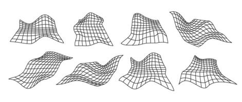 Distorted perspective grid pack. Glitch rectangle plane set. Wavy futuristic elements bundle. Ripple wireframes net collection. Abstract background. vector