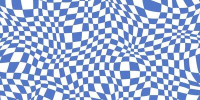 Retro distorted checkerboard background. Blue trippy psychedelic checkered wallpaper. Wavy groovy chessboard surface. Abstract twisted geometric pattern. vector